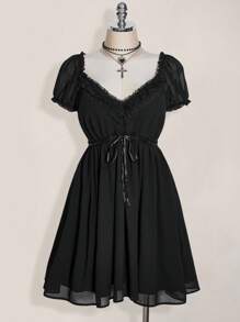 SHEIN ICON Váy chữ A tay bồng cổ chữ V cỡ lớn cạp cao, váy suông gợi cảm cổ điển Y2K, quần áo đi nghỉ hè & trở lại trường - màu đen - Xem 3