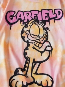 GARFIELD | SHEIN Ensemble 2 pièces de T-shirt style sport décontracté ample avec motif tie-dye et graffiti et shorts de cyclisme noirs pour jeune fille, adapté pour le printemps/été et les sports extérieurs