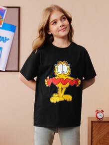 GARFIELD | SHEIN Tween Girl Cute Cartoon Heart Printed Black Short Sleeve T-Shirt, Summer - Black - View 7