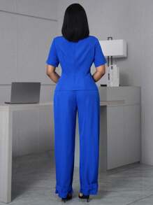 SHEIN Unity 女士纯色简约直筒裤，适合通勤 - 寶藍色 - 查看 2