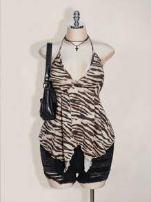SHEIN ICON Plus Size Women's Sexy Backless Zebra Print Summer Top, Suitable For Summer Vacation, Festivals Leopard Print - Multicolor - View 5