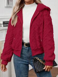 EMERY ROSE Women Casual Solid Color Textured Fleece Hooded Zipper Jacket Fall Winter Cloth For Women - Burgundy - View 6