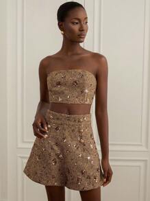 Revavyn Bộ 2 món: Áo ống thêu sequin màu nâu và vàng + quần short thanh lịch bằng vải tuýt dành cho nữ - Cà phê nâu - Xem 3