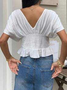 SHEIN EZwear 女式纯色深V领短款蝙蝠袖性感短款衬衫 - 白色 - 查看 4