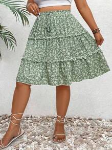 SHEIN Clasi 大码女式碎花松紧腰夏季休闲半身裙 - 綠色 - 查看 7