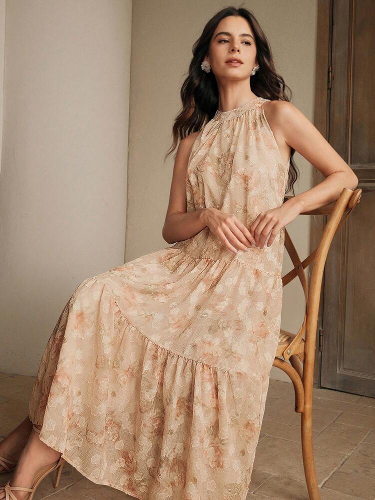 Elegant Ditsy Floral Adjustable Cinching Waist Tie Neck Long Dress,Versatile And Graceful For Women