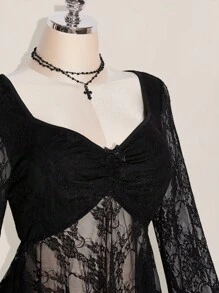 SHEIN ICON Áo kiểu dáng cỡ lớn, chất liệu ren nhún bèo, cổ tim, vạt bất đối xứng, phong cách Y2K, kiểu babydoll, thích hợp cho hẹn hò, đi nghỉ mát, du lịch. Dành cho phụ nữ. - màu đen - Xem 6