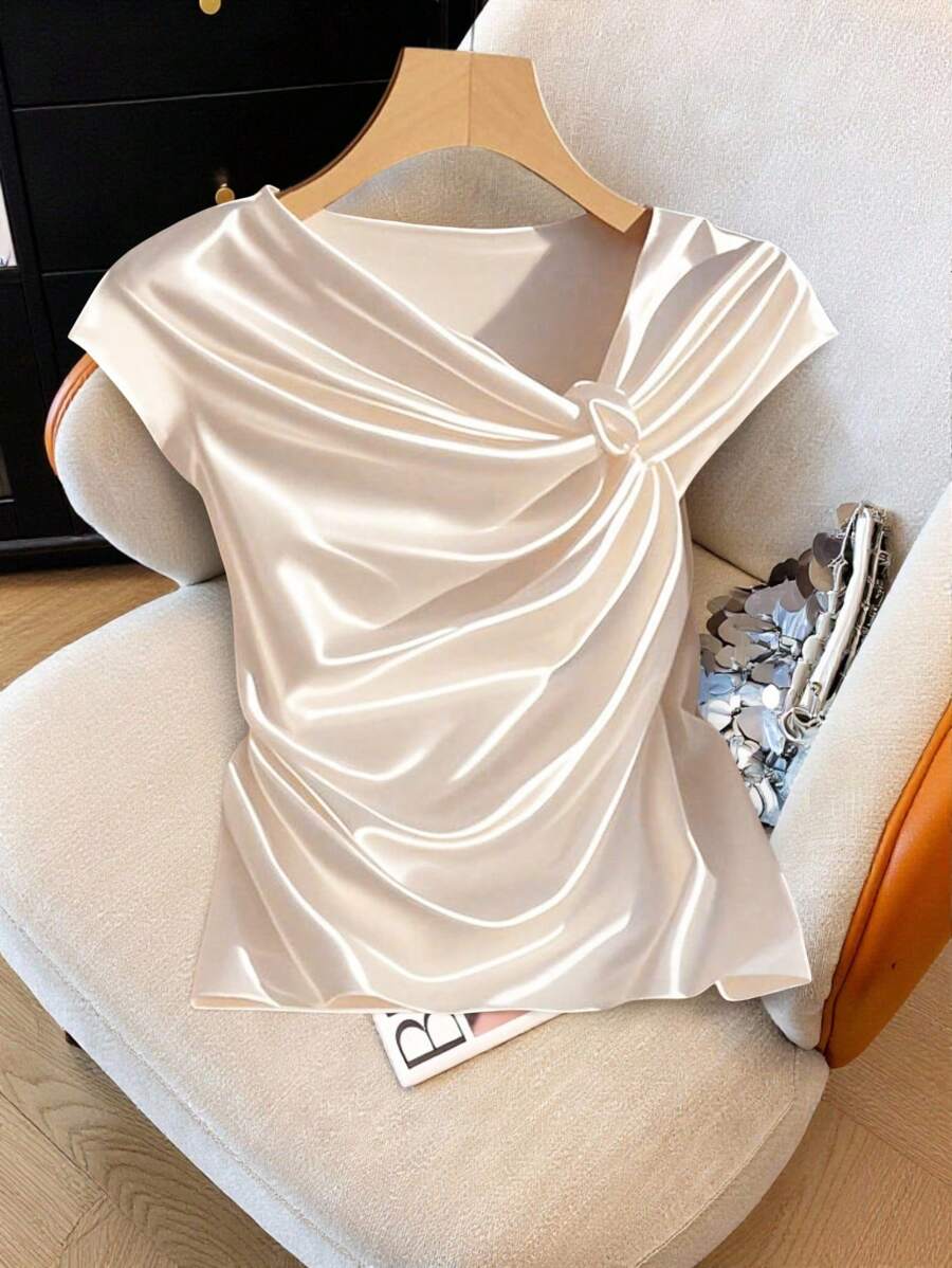 SHEIN Clasi Plus Size Bowknot Collar Ruched Waist Shirt - Champagne - View 1