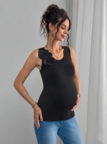 Momance Camiseta sin mangas con cuello redondo, decoración floral 3D y unicolor para maternidad