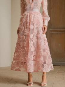 Anewsta 2025新款3D花朵装饰A字形薄纱优雅长裙 - 粉色 - 查看 4