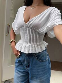 SHEIN EZwear 女式纯色深V领短款蝙蝠袖性感短款衬衫 - 白色 - 查看 2