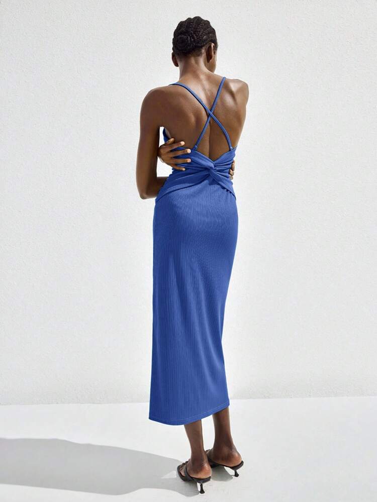 SHEIN Maija 2025 Autumn/Winter New Blue Asymmetrical Cut Asymmetric Criss-Cross Backless Twist Design Dress, Modern Elegant Urban Romantic Modest Rustic Music Festival Vintage Airport Travel Street Wedding Guest Birthday Halloween Business Casual Office Date Party Outing Airport Back To School Fall Dress For Women