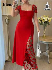 SHEIN PETITE Elegant Square Neck Ruffle Hem Split Hem Dress For Women, Summer - Red - View 1