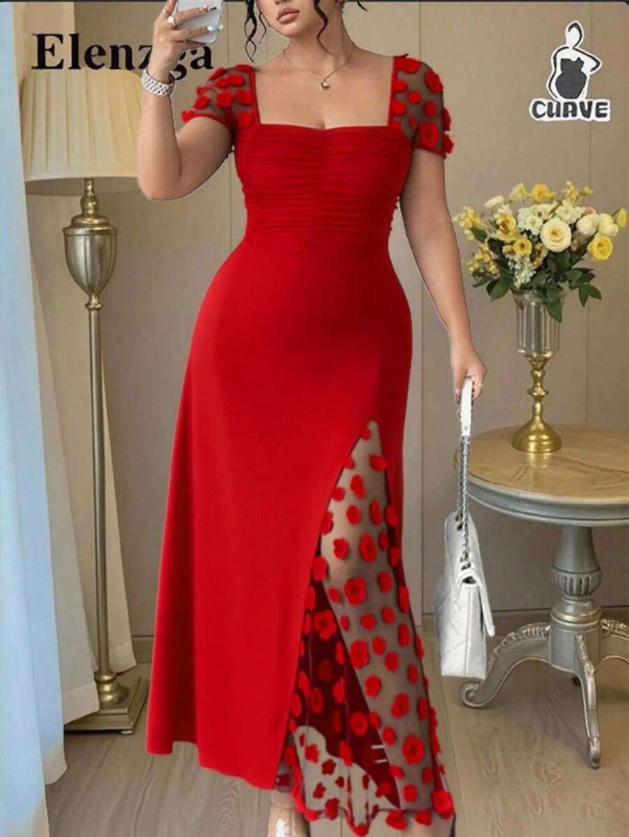 SHEIN PETITE Elegant Square Neck Ruffle Hem Split Hem Dress For Women, Summer - Red - View 1