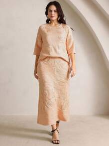 Anewsta Plus Size New Tang Dynasty Style Embroidered Round Neck Short Sleeve Elegant Urban Top, Suitable For Summer, Casual, Holiday, Beach, Elegant, Party - Champagne - View 3