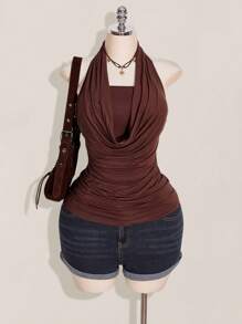 SHEIN ICON 加大码 2 件西方女性外出夏季波西米亚风挂脖棕色露背女式背心和吊带背心