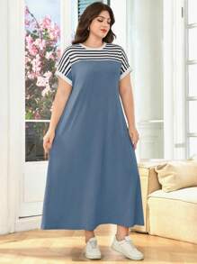SHEIN Lacomfia Plus Size Summer Casual Striped Patchwork Dress - Blue - View 3