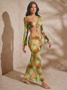 Hauture 女士性感夏季度假两件套，水绿色抽象印花 - 彩色 - 查看 5