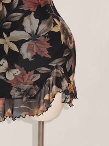 SHEIN ICON Vestido con cuello cuadrado con volantes, estampado de hojas de arce, con abertura frontal, talla grande, adecuado para verano, otoño, vuelta al colegio, vacaciones de verano - Multicolor - Ver 4