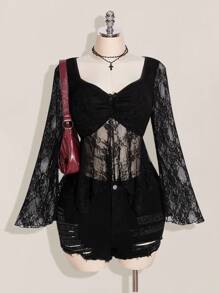 SHEIN ICON Áo kiểu dáng cỡ lớn, chất liệu ren nhún bèo, cổ tim, vạt bất đối xứng, phong cách Y2K, kiểu babydoll, thích hợp cho hẹn hò, đi nghỉ mát, du lịch. Dành cho phụ nữ. - màu đen - Xem 1