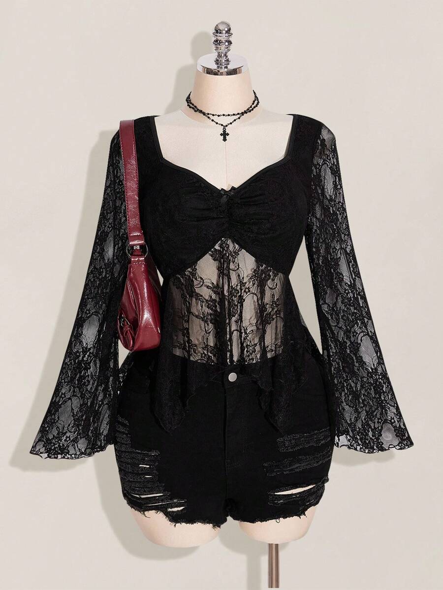 SHEIN ICON Áo kiểu dáng cỡ lớn, chất liệu ren nhún bèo, cổ tim, vạt bất đối xứng, phong cách Y2K, kiểu babydoll, thích hợp cho hẹn hò, đi nghỉ mát, du lịch. Dành cho phụ nữ. - màu đen - Xem 1