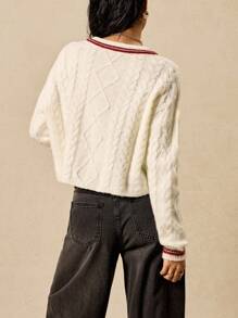 Easelle Suéter casual y vintage de estilo bohemio, holgado y cómodo, con cuello en V, en color beige, con corte cropped y detalles de rayas contrastantes, para usar en otoño e invierno - Beis - Ver 3