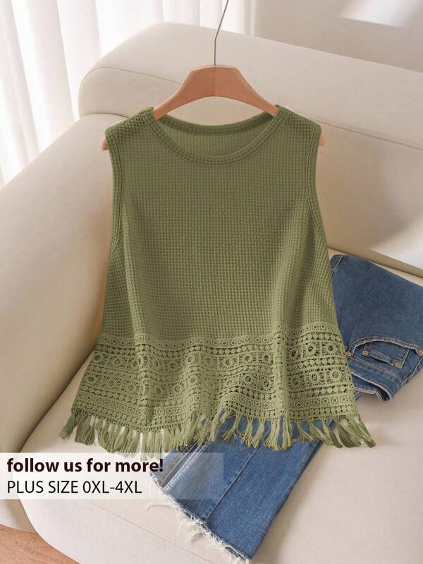 CosyJoli Plus Size Women's Casual Solid Color Lace Patchwork Camisole And Tank Top Set, Summer,Going Out Tops Women