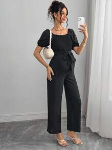 Momance 时尚方领短袖系带连体裤 - 黑色 - 查看 4