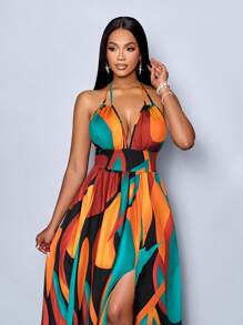 SOLERSUN 女式休闲假日深 V 领露背褶饰开衩大腿长裙，带植物印花 - 紅色 - 查看 5