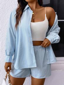SHEIN LUNE Conjunto de 2 piezas talla grande con camisa casual de manga larga con rayas impresas y pantalones cortos