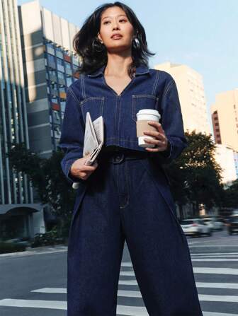 Daynim Women's Casual Navy Blue Pocketed Wide Leg Loose Denim Jeans Autumn