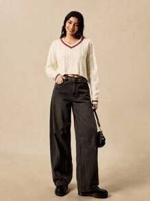 Easelle Suéter casual y vintage de estilo bohemio, holgado y cómodo, con cuello en V, en color beige, con corte cropped y detalles de rayas contrastantes, para usar en otoño e invierno - Beis - Ver 6