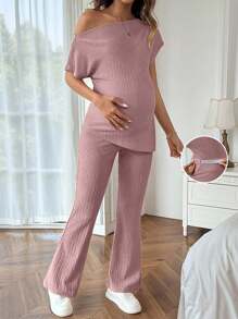 SHEIN 2pcs Maternity Asymmetrical Neck T-Shirt And Long Pants Set - Pink - View 1
