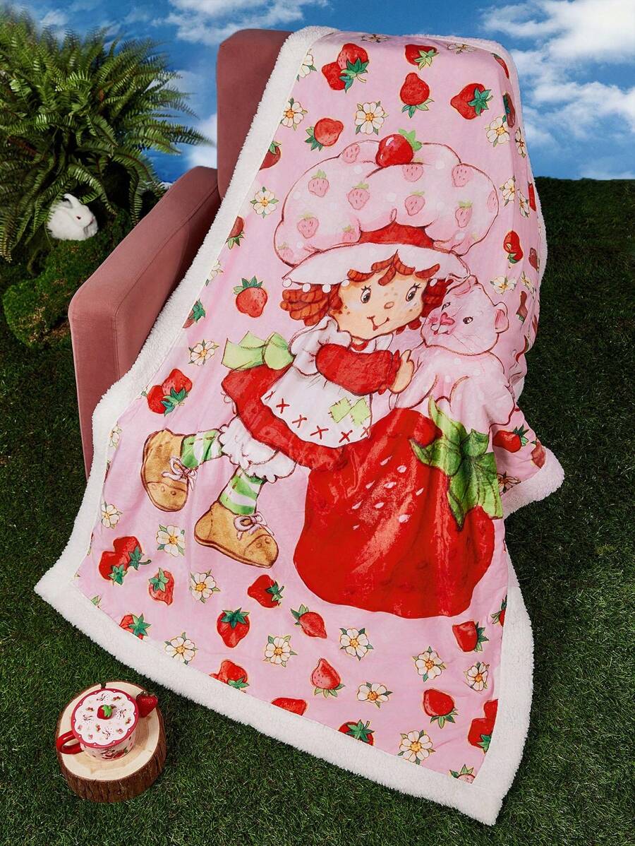 Strawberry Shortcake X SHEIN Cartoon Character & Strawberry Printed Plus Fleece Thick Blanket, DayGift Ideas