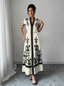 Elenzga 女士修身印花夏装 - 杏色 - 查看 6