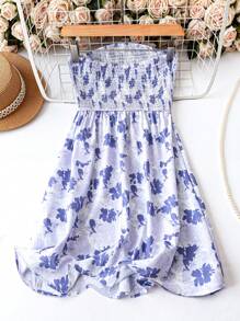 SHEIN LUNE Casual Floral Print Bandeau Dress, Summer Strapless Sundress Blue Floral Dress Summer Sundress Strapless Summer Dress Blue And White Floral Dress - Purple - View 2