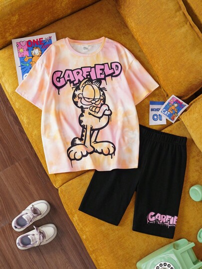GARFIELD | SHEIN Ensemble 2 pièces de T-shirt style sport décontracté ample avec motif tie-dye et graffiti et shorts de cyclisme noirs pour jeune fille, adapté pour le printemps/été et les sports extérieurs