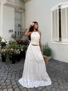 Sunnyshic Floral Halter Neck Backless Top With Two-Layer Strap And A-Line Skirt Set, Sexy And Sweet, Suitable For Spring/Summer Vacation - Multicolor - View 4