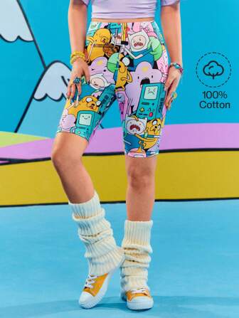 Adventure Time X ROMWE Cartoon Muster Elastic Taille Fahrrad Shorts, Sommer