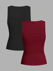 Slaydiva 2pcs Women Casual Notched Neck Ruched Tight Ribbed Fabric Tank Top Set, Suitable For Summer Back To School - Multicolor - View 2