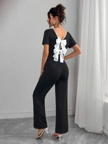 SHEIN Salopetă de maternitate cu guler rotund și fundă, culoare solidă, fără spate, culoare solidă - Negru - Vizualizare 3