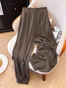 SHEIN LUNE CURVE 大码女式纯色荷叶边腰口袋弹性下摆休闲裤 - 棕色 - 查看 2
