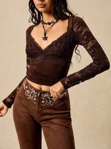Easelle 棕色针织女式蕾丝边修身T恤 - 咖啡棕 - 查看 2