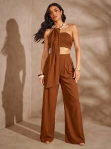 Hauture Camisola de mujer minimalista, de unicolor, sexy, con escote halter y amarre en la espalda