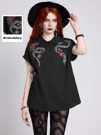 Goth Blusa de mujer con bordado de estilo gótico de serpiente y flores