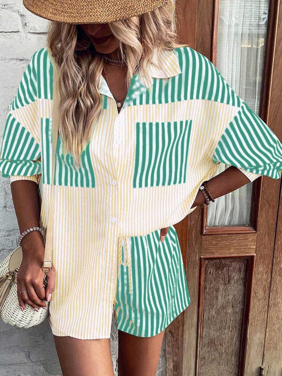 Breezaya Conjunto De Camiseta De Manga Corta Y Pantalones Sueltos Con Diseño De Bloques De Color A Rayas, Botones Al Frente Y Bolsillos Con Parche - Multicolor - Ver 1