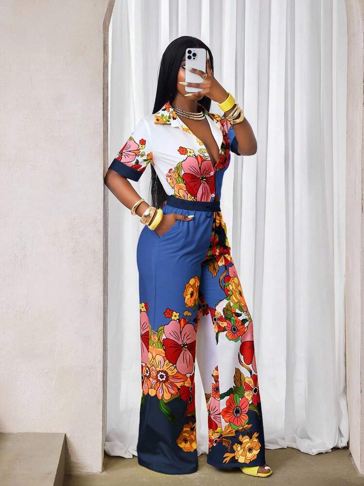 BamGleam 2件套女士节日花卉印花短袖衬衫和阔腿裤套装 - 藍色 - 查看 4