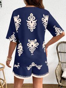 SHEIN Maternity Casual Color Block Jacket And Shorts Set, Loose Outfit - Navy Blue - View 2