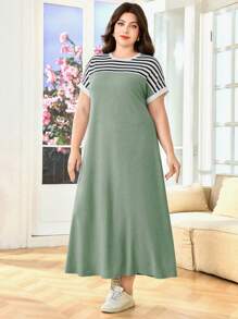 SHEIN Lacomfia 大码纯色短袖连衣裙，夏季时尚 - 橄欖綠 - 查看 5