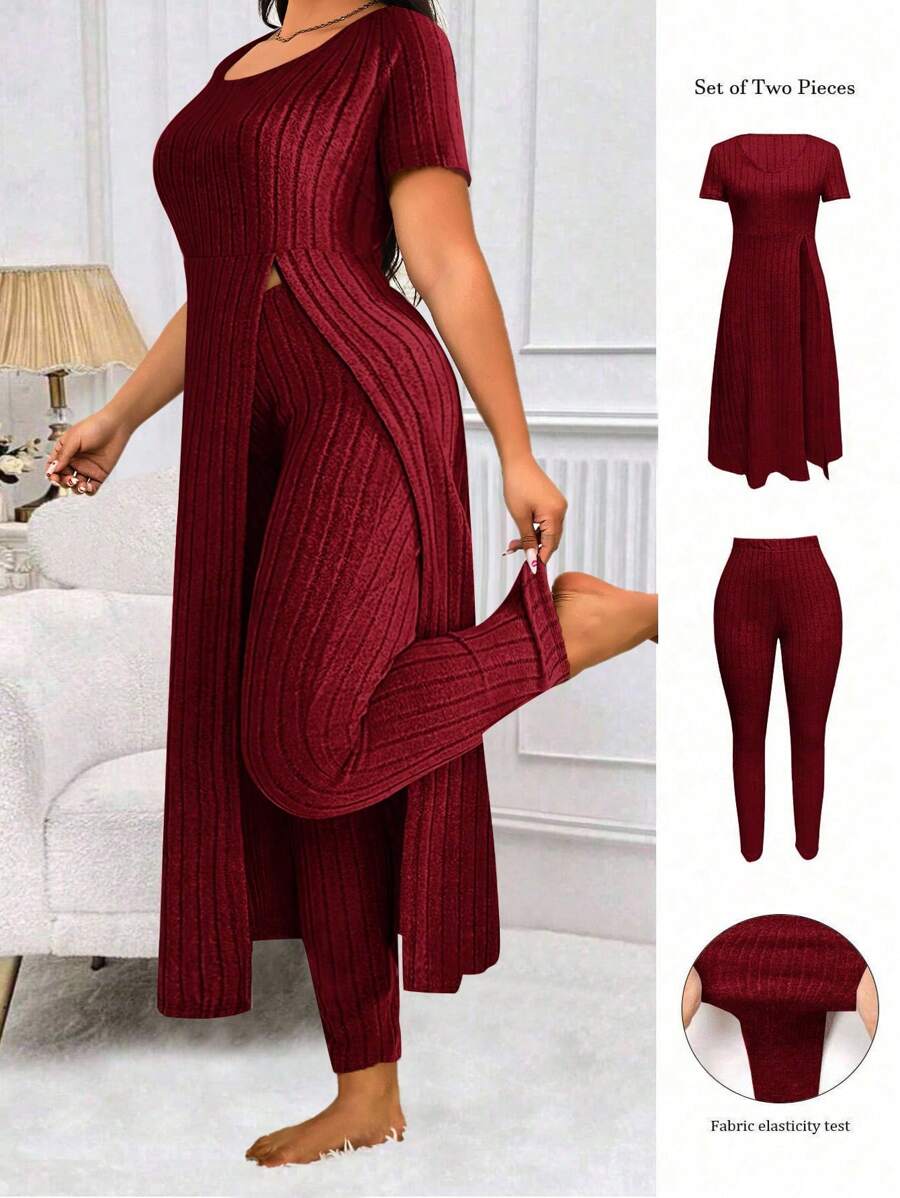 SHEIN LUNE 大码纯色罗纹开叉圆领短袖上衣和长裤优雅两件套，适合感恩节 - 酒紅色 - 查看 1